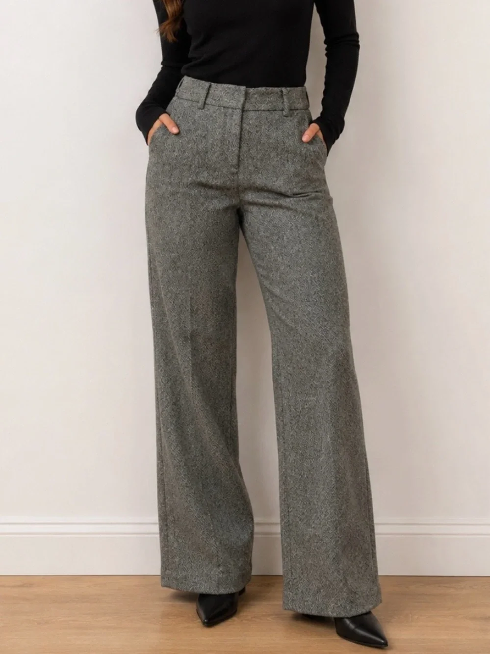 Tory Burch Wool Lurex Herringbone Wide-Leg Trousers Black Gold Grey Size 0
